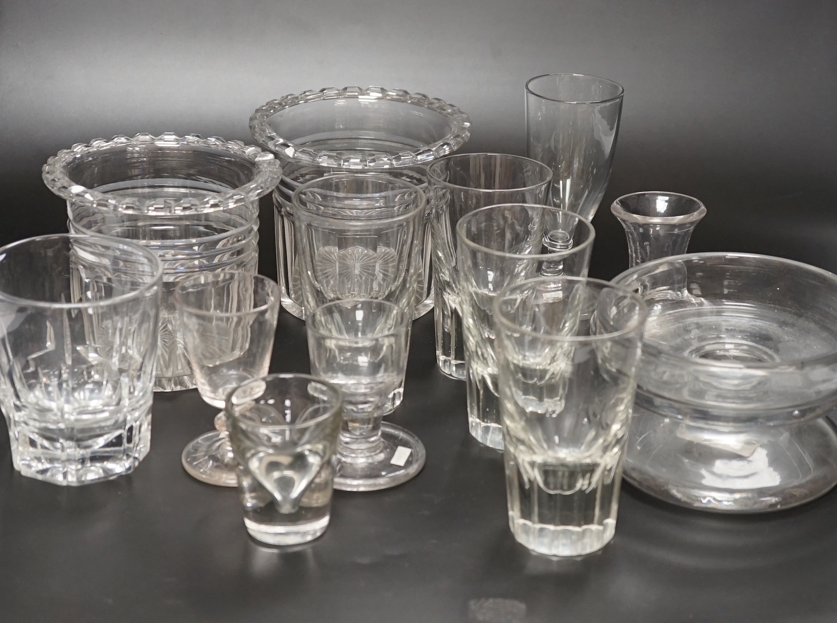 Thirteen 19th century glass items, including a set of four beakers, a pair of vases, stemmed glasses, etc. tallest 14cm